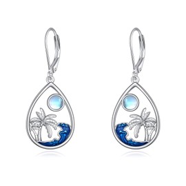 YONFQE Palm Tree Earrings Sterling Silver Moonstone Palm Tree Dangle Drop Earrings Ocean Themed Jewelry Summer Beach Holiday Gift for Women