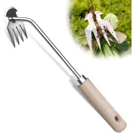 Unbranded  Weed Puller Tool, Uprooting Weeding Remover, 4-Claw Steel Head, Wood Handle 13"