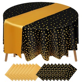 Preboun 8 Sets Satin Table Runner and Plastic Round Tablecloths Set 84 Inch Disposable Gold Polka Dots Table Cover for Wedding Bridal Shower Birthday Party Decorations (Black,Gold)