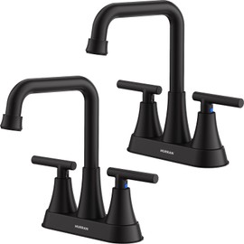 Matte Black Bathroom Sink Faucet, Hurran 4 inch Bathroom Faucets for Sink 3 Hole with Pop-up Drain and Supply Hoses, 360 Swivel Spout Centerset Faucet for Vanity RV Farmhouse, 2 Pack