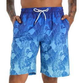 APTRO Men's Swim Trunks 9" Quick Dry Swimsuits Beach Bathing Suits Swim Board Shorts Mesh Liner T12 Palm-Blue L