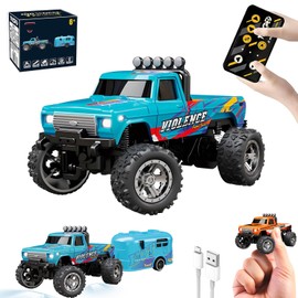 YIZER Mini RC Monster Truck,1:64 Scale Monster Car,Remote Control Car with Lights, 2.4Ghz All Terrain Off-Road Monster Truck,Rc Truck with Trailer,Speed/Steering Adjustable(Blue)