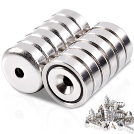 Pack of 12 Super Strong Neodymium Magnets, Strong Magnets with Round Base and Holes, 16 mm Rare Earth Magnets Pot Magnet with Countersunk Holes and Screw for Kitchen Crafts, Wood, Hanging Tools