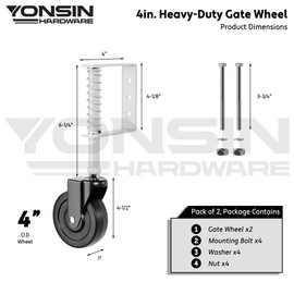 YONSIN 4" Heavy Duty Spring Loaded Gate Caster, Drag Wheels with 360 Swivel for Wooden & Metal Gates, Anti Sag Kit, 200 Lbs Capacity, 2 Pcs, Black