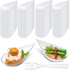 LATERN 100Pcs Plastic Appetizer Plates with Forks, 5CM Tear Drop Dessert Tasting Dishes Clear Parfait Appetizer Bowls Reusable Serving Plates for Dessert Appetizers Sample Party (10 x 5cm)