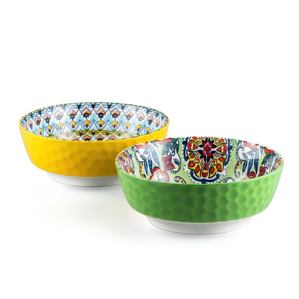 HENXFEN LEAD Grand saladier en porcelaine, set de 2 saladiers de 1440ml, bol en céramique pour ramen, soupe, fruits, snacks, etc. Coloré - Style bohème