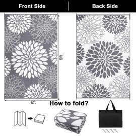 Ileading Reversible Outdoor Rug 6x9Ft Waterproof Patio Rug Carpet Portable Outdoor Plastic Straw Rug Large RV Camping Mat Rug for Patio, Clearance, Deck, Beach, Porch, Camping, Picnic, Flower Grey