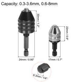 sourcing map 2pcs Drill Chucks, 0.3-3.6mm 0.6-8mm Capacity 3-Jaw Keyless Chuck with SDS-Plus Hex Shank for Impact Driver Cordless Drill