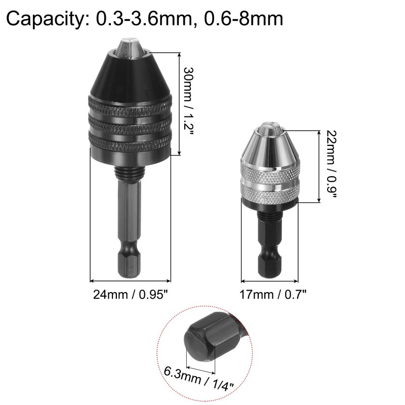 sourcing map 2pcs Drill Chucks, 0.3-3.6mm 0.6-8mm Capacity 3-Jaw Keyless