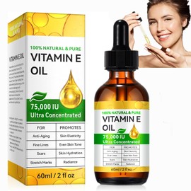 Pure Vitamin E Oil for Skin & Hair – 100% Natural, 75,000 IU, 2 Fl Oz | Deeply Moisturizes, Repairs & Protects | Non-Greasy Cold-Pressed Formula | Nourishes Face, Body, Scars, Cuticles + Hair Health