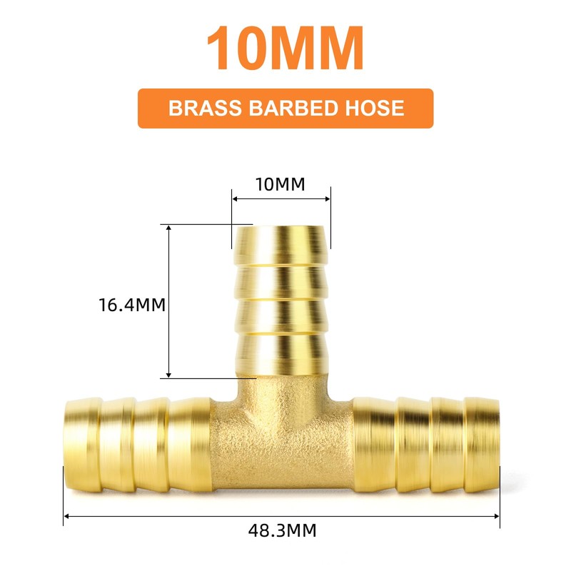 GASHER 10Pcs Brass Hose Barb Tee, 3-Way Tee Hose Fitting