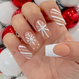Christmas Press On French Tip Fake Nails - Snowflake & Xmas Bow Designs, Medium, Acrylic, Coffin Shapes, Winter Snowflakes, DIY Xmas Nail Art Kit
