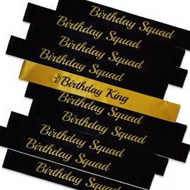 LXYXUUN 10 PCS Birthday Sashes Kit, Gold King Sash and 9 Squad Sashes for Man or Boy Funny Party Favors Decorations