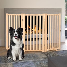 Freestanding Pet Gate,Wooden Dog Fence with 2 Support Feet, Collapsible Dog Gate for Indoor, Stairs, Doorway, Hall, Kitchen,Step-Over Safety Pet Barrier,Paint-Free, Solid Hardwood, 3 Panel H:36”