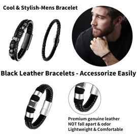 LOWNOUR Black Leather Bracelets for Men Women 5pcs Mens Bracelet Leather and Steel Braided Cuff Bracelets