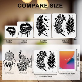 MAYJOYDIY 15 Elegant Peacock Stencils Feather Dream Catcher Painting Stencil 30 x 30/29.7 x 21 cm Reusable Drawing Template with Brush for Crafts on Windows Wooden Walls and Home Decoration