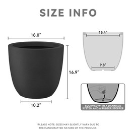 Kante 18 Inch Dia Round Concrete Planter, Indoor Outdoor Large Plant Pot with Drainage Hole and Rubber Plug for Home Patio Garden, Black
