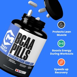 Crazy Muscle 3000mg BCAA Pills (2 Month Supply) with The Optimum 2:1:1 Ratio of Branched Chain Amino Acids for Recovery and Growth, 1000mg BCAAs per Pill (More Than BCAA Capsules) 240 Tablets