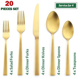 20-Piece Matte Gold Silverware Set, E-far Stainless Steel Flatware Set Service for 4, Metal Cutlery Eating Utensils Tableware Includes Forks/Spoons/Knives, Square Edge
