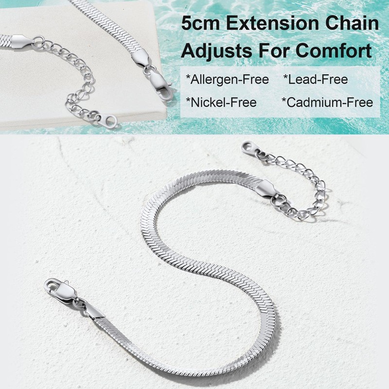 GoldChic Herringbone Chain Ankle Bracelets, Stainless Steel 5mm Flat Link