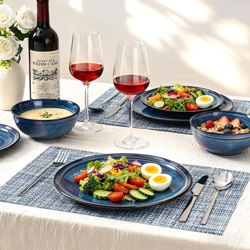 Feastly Plates and Bowls Sets 12 Pieces, Blue Reactive Glaze