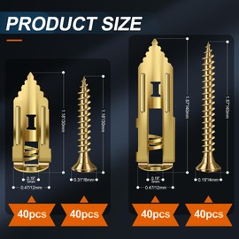 160 Pcs Self Drilling Drywall Anchors with Screws, 2Sizes 80 SheetrockAnchors & 80 Zinc Expansion Screws,for Picture Frames, Shelves,TV， Zinc Plated Steel,No Drill Needed Heavy Duty