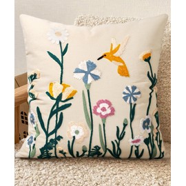 Kokaaee Embroidered Throw Pillow Covers 18x18 Inch - Summer Boho Decorative Pillow Cover with Zipper for Living Room Couch Sofa Bed Aesthetic Design Flower Bird Linen Cushion Pillowcase