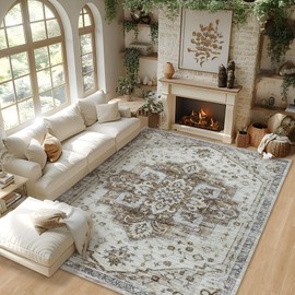 Washable Rug Living Room Rugs: 8x10 Area Rug Large Soft Boho Vintage Medallion Carpets Indoor Floor Anti Slip Non-Shedding Thin Carpet for Bedroom Dining Room Farmhouse Nursery Home Office-Taupe