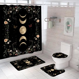 Emwnodti 4 Pcs Bathroom Sets for Moon Phase Shower Curtain, Floral Gothic Mysticism Shower Curtain with Non-Slip Rug Toilet Lid Cover and Bath Mat, Waterproof Bathroom Accessory with 12 Hook, 72"x72"
