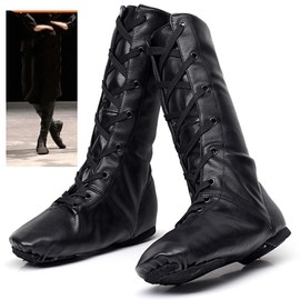 MSMAX Jazz Shoes for Women Black Leather High Top Renaissance Boots for Men, High-top Black, 9