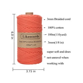 Likeecords 4 Skeins Braided Macrame Cotton Cord, 3mm x 100m, Macrame Rope for Crafts, Knitting, Wall Hanging, Plant Hangers (Orange)