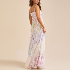 ABYOVRT Women Floral Maxi Dress Smocked Spaghetti Strap Lace Patchwork Tiered Boho Long Dress Vacation Garden Party (White,L)