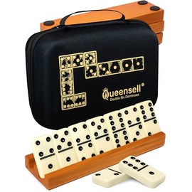 Queensell Dominos Set for Adults with 4 Domino Racks - Double 6 Dominoes Set with Domino Holder, Classic Board Games for Kids and Adults - Double Six Standard Dominos Set 28 Tiles with Travel Case