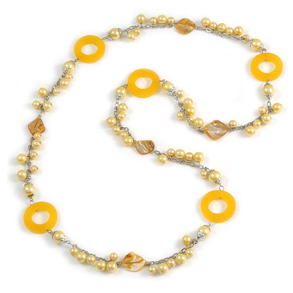 Avalaya Yellow Pearl Shell and Resin Ring with Silver Tone