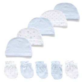 Kiddiezoom Baby Mittens and Caps Set Infant Gloves and no Scratch Mittens Newborn Gift 10 Piece Set for Baby Boys & Girls, 0-6 Months