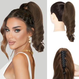 Short Clip In Ponytail Hair Extensions with Claw Clip, 10" Dark Brown Synthetic Fake Pony Tail for Women & Girl, Cheer Hairpiece Attached