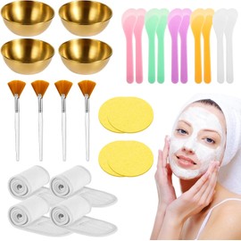 26 Piezas Set de Accesorios para Esteticista, Cuencos Mezcladores Dorados, Espátulas de Plástico, Brochas Faciales tipo Abanico, Diademas de Nylon, Esponjas Faciales Comprimidas para Spa y Salón