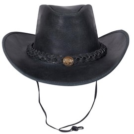 URBAN 5884 Genuine Leather Cowboy Hat, Western Cowboy Hat Made of Cowhide Leather with Adjustable Brim and Chin Strap, gray, M