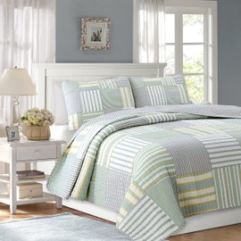 Cozy Line Home Fashions 100% Cotton Real Patchwork Reversible Quilt Bedding Set, Green Yellow Blue Plaid Striped Coverlet Bedspread (Green Patchwork, Queen - 3 Piece)