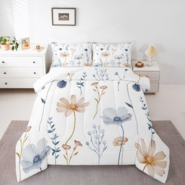 Erosebridal Watercolor Floral Comforter Set King Size, Blue Beige Bedding Set for Kids Teens Adult Women, Modern Minimalist White Quilt Flower Branches Pastoral Duvet Insert with 2 Pillow Cases