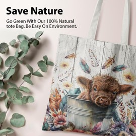 Veqzc Floral Baby Highland Cow Tote Bag - Baby Cow ToteBag Canvas, Highland Cow Gifts, Highland Cow Cute Reusable Cloth Cotton Bags, Gifts for Cow Lovers Women Girls