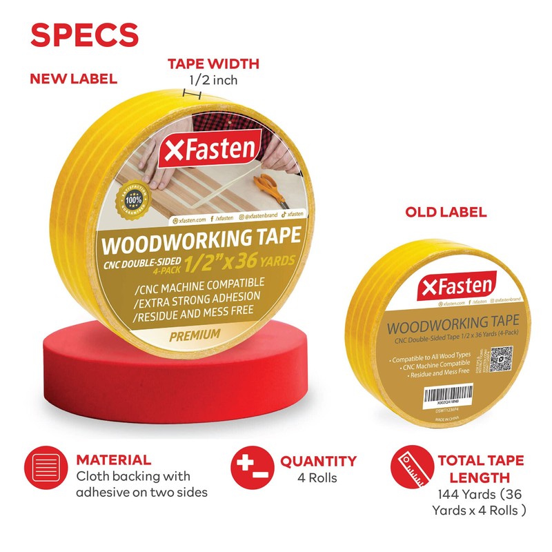 XFasten Double Sided Woodworking Tape 1/2" x 36 Yards (4-Pack)