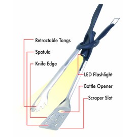 Jokari Pro Grade 6 in 1 Lighted Grill Tool. All in One Cooking Utensil Includes Easy Grip Handle, Spatula, Adjustable Tongs, Knife Blade, Scraper, Bottle Opener and LED Flashlight for Night Grilling.