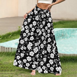 EQQZD Women's Summer Elastic Waist Wide Leg Pants Lounge Long Palazzo Pants Solid Color Beach Trousers with Pocket