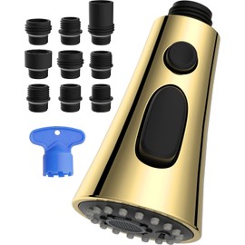 Hibbent Pull Down Kitchen Faucet Spray Head Replacement, 3-Function Gold Kitchen Sink Spray Nozzle with 9 Adapters Compatible with Moen, American Standard, Delta, Kohler Faucets, Polished Brass