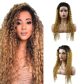 Weeybay Deep Wave 4x4 Lace Front Wigs 1B/27 Black Root Honey Blond 100% Unprocessed HD Transparent Human Hair Wigs Ombre Blonde Color for Women 20 Inch