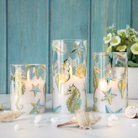 REVELBUNNY Ocean Theme LED Candles, Battery Operated Flameless Candles Flickering with Remote Control and Timer, Real Wax Pillar Glass Candles for Home Party Wedding Valentine's Day Decor, Set of 3
