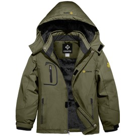 GEMYSE Boy's Waterproof Ski Snow Jacket Fleece Windproof Winter Jacket with Hood (Army Green,14/16)