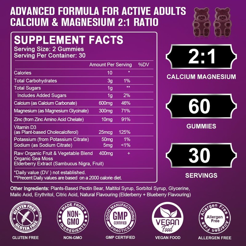 Calcium Magnesium Zinc Gummies with High Absorption Magnesium Glycinate 300mg,