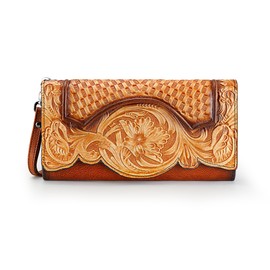 LETEULO Women's Leather Large Purse Vintage Large Long Purse Women Purse Three-Dimensional Pattern Clutch Leather with Zip, brown, Retro